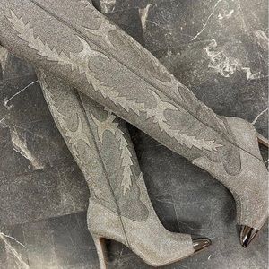 Gianni Bini Wide Calf 7.5 silver rhinestone western thigh knee high boots